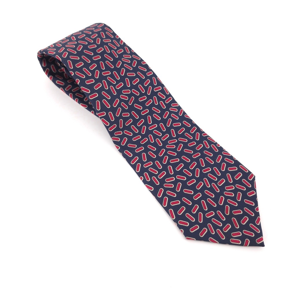 Christian Dior Mens Tie Silk Navy Red Geometric Pill Pattern Made USA OS Classic